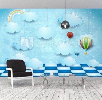 Bild på Surreal landscape with hanging clouds balloons and floor